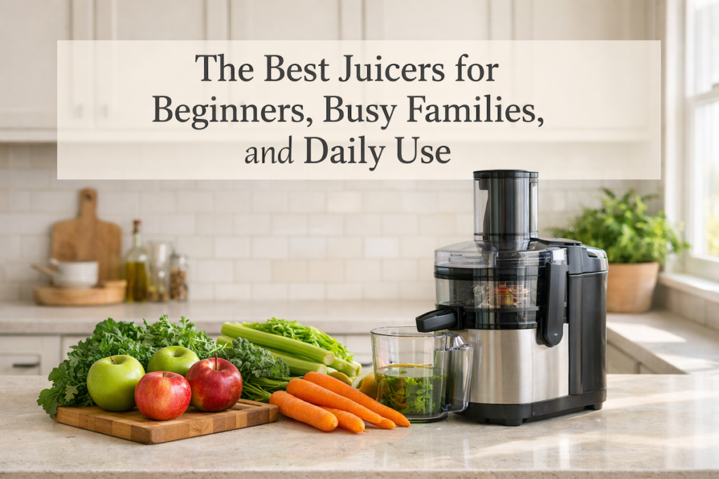 Kitchen countertop with a juicer and fresh fruits and vegetables used to compare the best juicers for beginners, busy families, and daily use