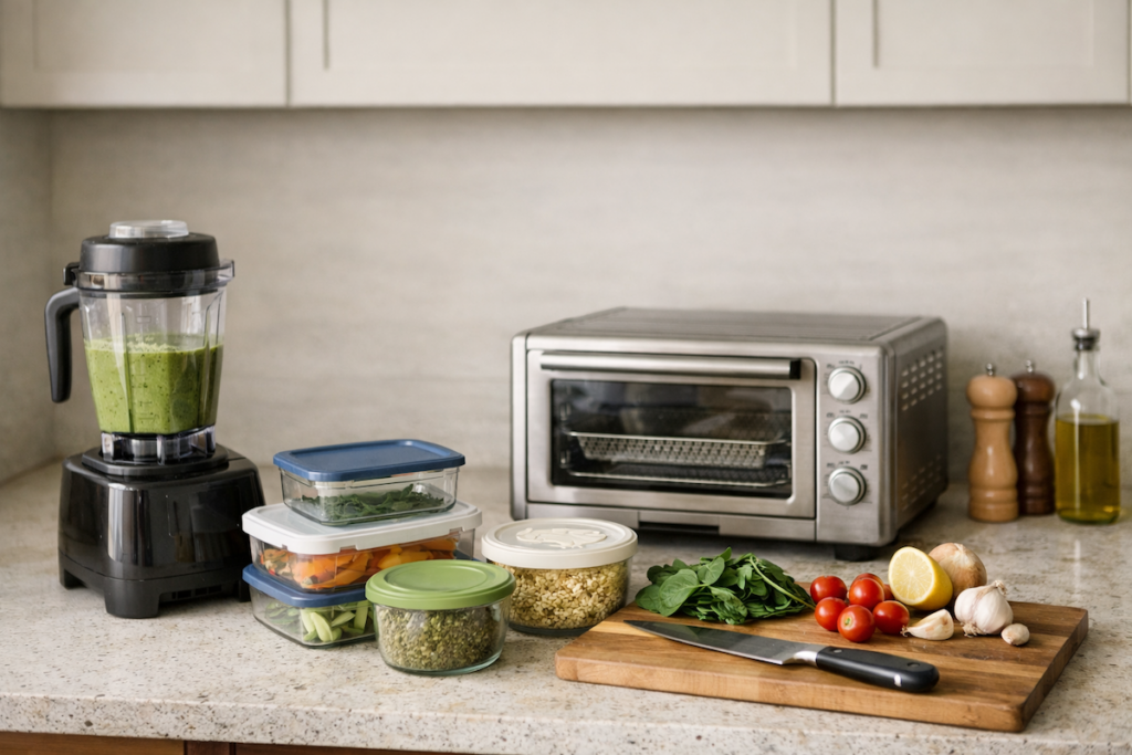 healthy kitchen essentials that actually get used on a home counter including a blender, air fryer, and food storage containers
