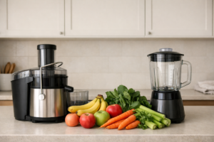 Juicer and blender side by side representing juicing vs smoothies on a kitchen counter with fresh fruits and vegetables