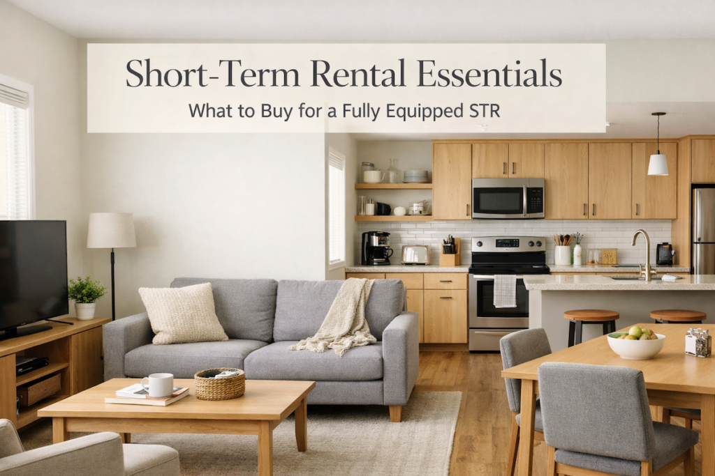 short-term rental essentials rental home with organized kitchen and living space ready for guests