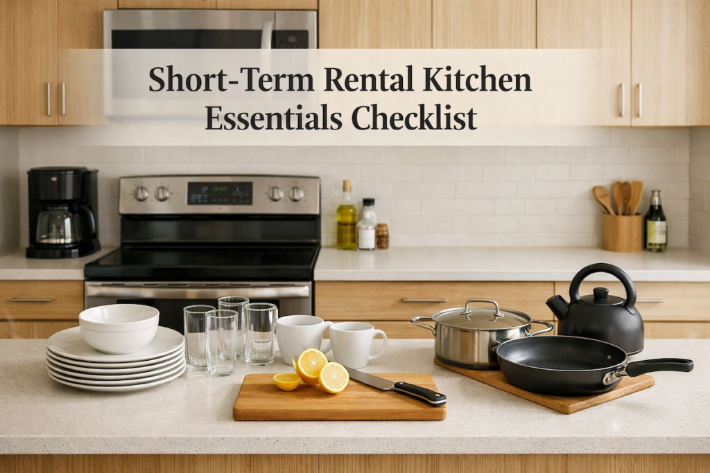 short-term rental kitchen essentials checklist kitchen fully equipped with organized dishware, cookware, and coffee mugs, ready for guest use