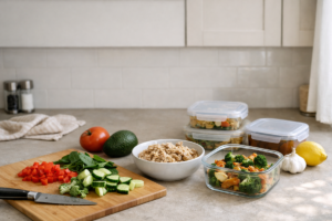 simple meal prep ideas for busy weeks setup on a kitchen counter with containers, chopped vegetables, and fresh ingredients