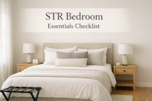 STR bedroom essentials with neutral bedding, layered pillows, nightstands, lamps, and luggage rack ready for guests