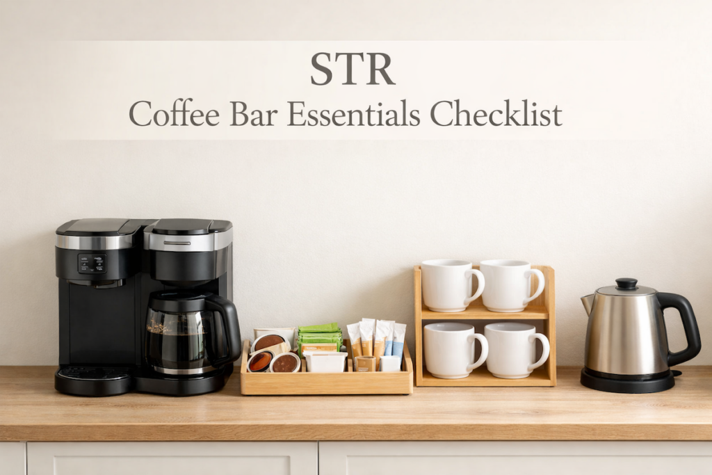 STR coffee bar essentials with pod and carafe coffee maker, mugs, and organized consumables ready for guests