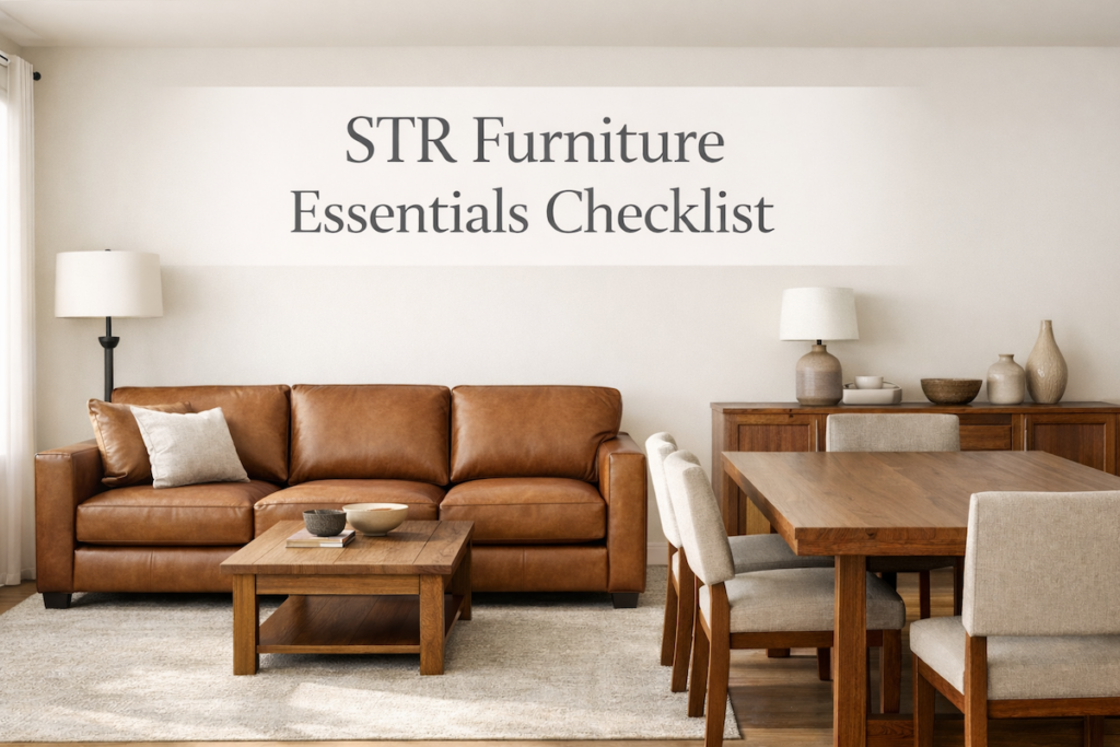 STR furniture essentials living and dining space with durable seating, dining table, storage cabinet, and floor lamp