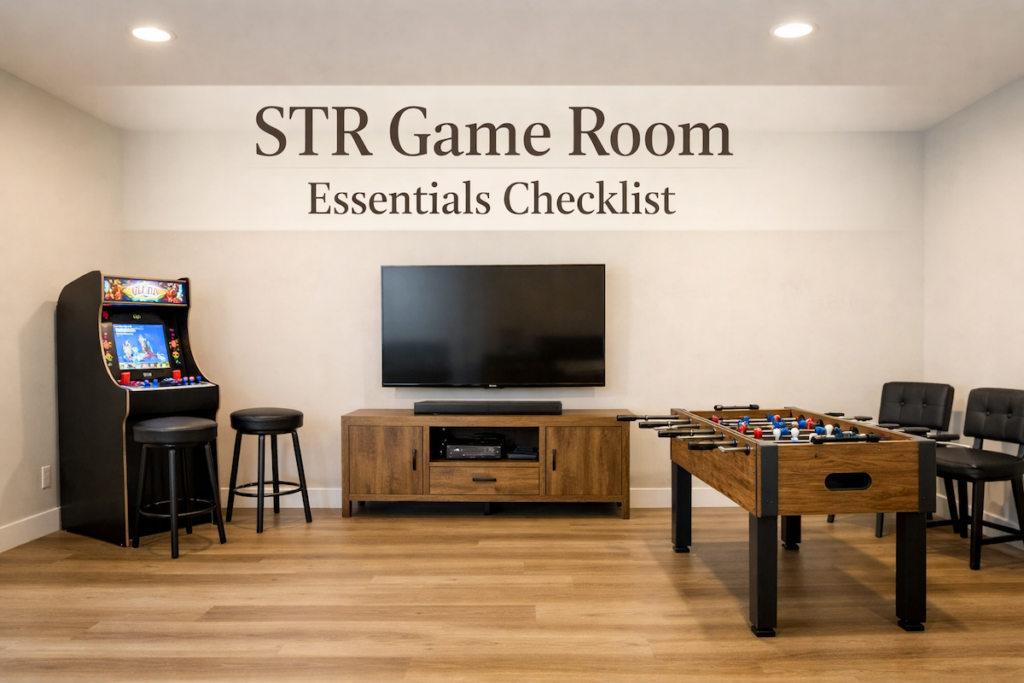 STR game room essentials with arcade game, TV, and seating designed for guest use