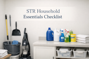 STR household essentials including cleaning supplies, mop, vacuum, and laundry items organized for turnover