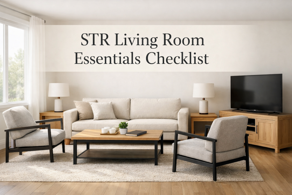 STR living room essentials with comfortable seating, TV, tables, and lamps arranged for guest use