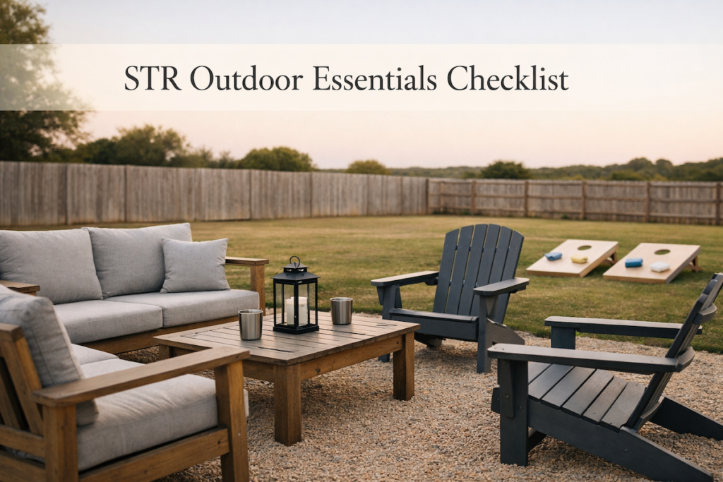 STR Outdoor Essentials outdoor seating area with durable furniture and simple games ready for guest use