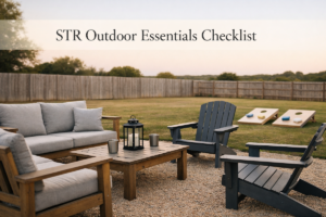 STR Outdoor Essentials outdoor seating area with durable furniture and simple games ready for guest use