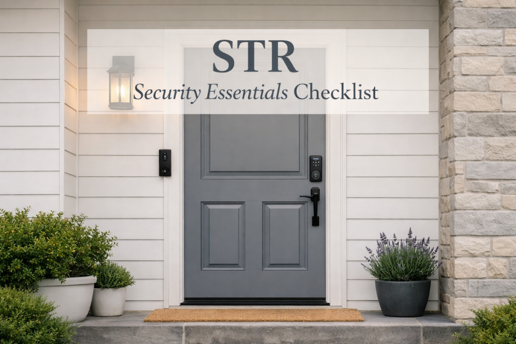 STR security essentials exterior entry with smart door lock and video doorbell installed for guest access and security