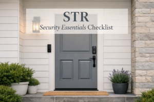 STR security essentials exterior entry with smart door lock and video doorbell installed for guest access and security