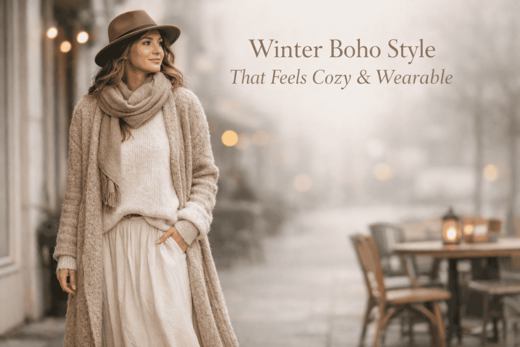 Woman wearing a cozy winter boho style outfit with layered knits, scarf, and neutral tones