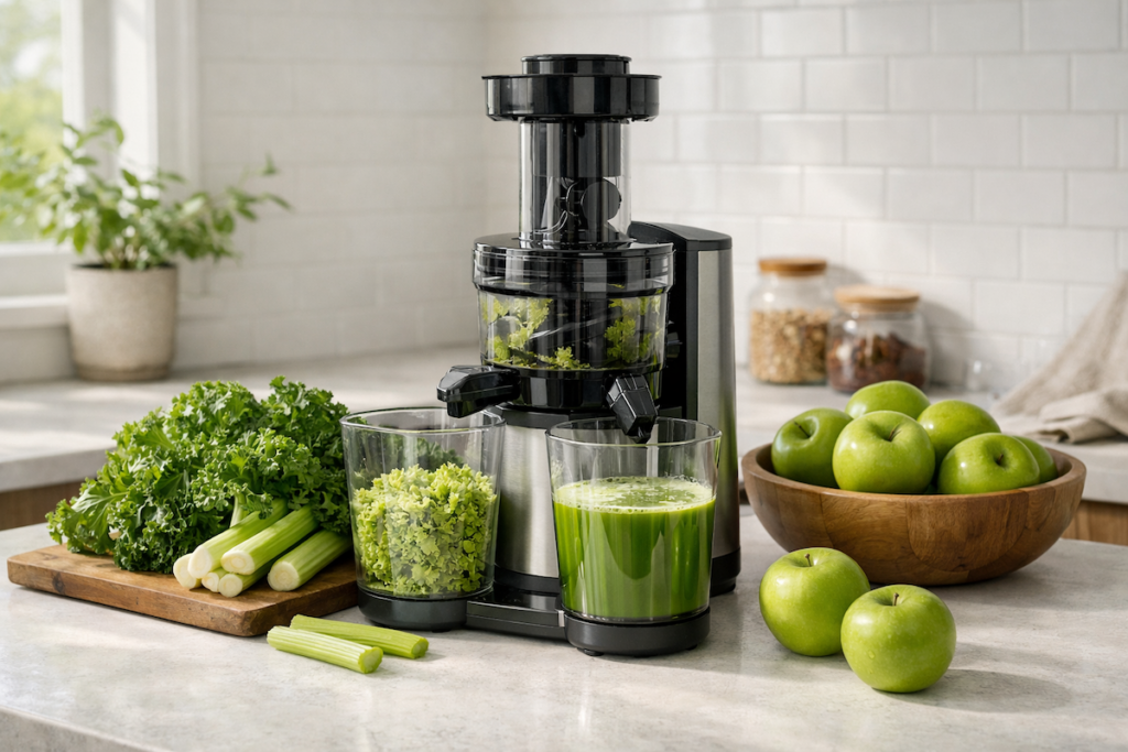 Cold press juicer on a kitchen counter with leafy greens, celery, and apples ready for juicing