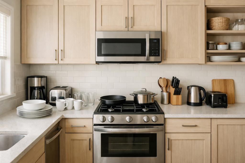 Fully equipped short-term rental kitchen with cookware, dishware, and small appliances organized for guests