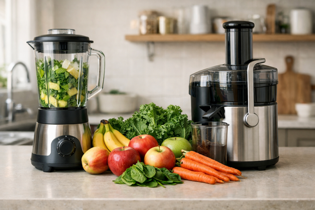 Juicer and blender side by side on a kitchen counter with fresh produce