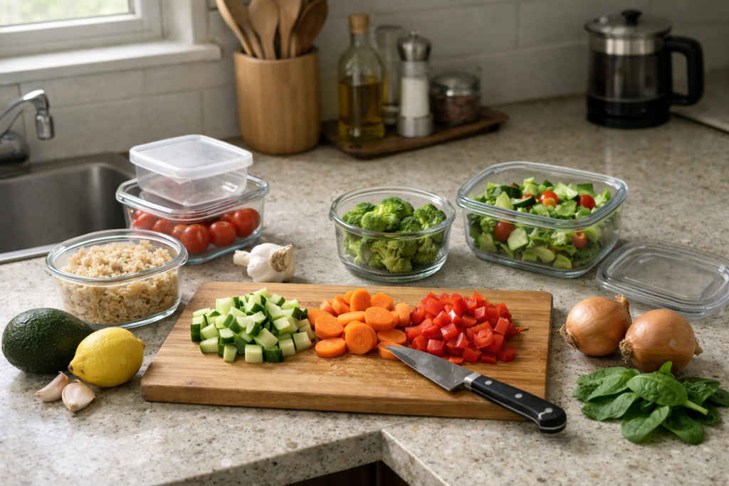 Kitchen counter with basic meal prep containers, chopped vegetables, and fresh ingredients
