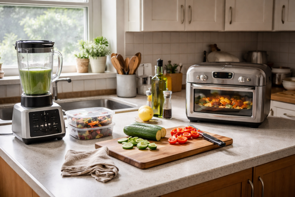 Real-life kitchen counter with everyday appliances and food prep tools