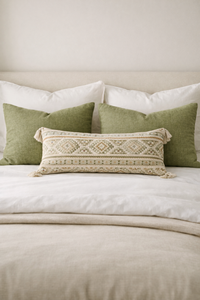 Neatly made short-term rental bed with neutral bedding, layered pillows, and lumbar pillow