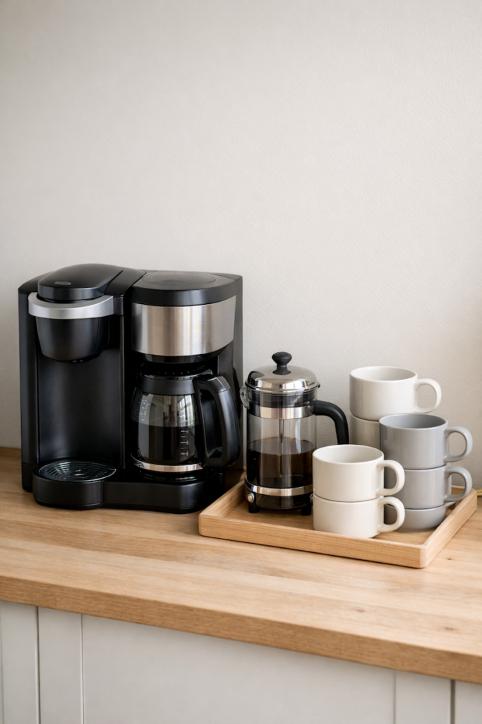 Short-term rental coffee bar setup with pod and carafe machine, French press, and coffee mugs