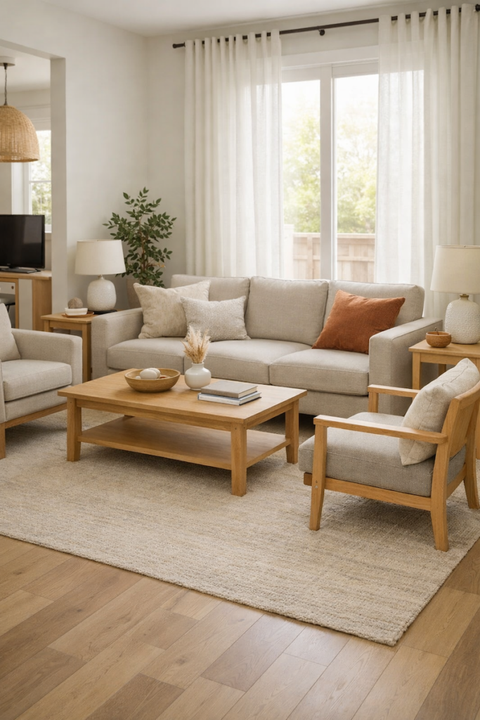 Short-term rental living room seating layout with sofa, chairs, and coffee table arranged for comfort