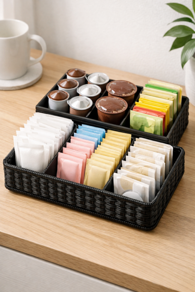 Organized coffee bar consumables including coffee pods, tea packets, and sweeteners in a short-term rental