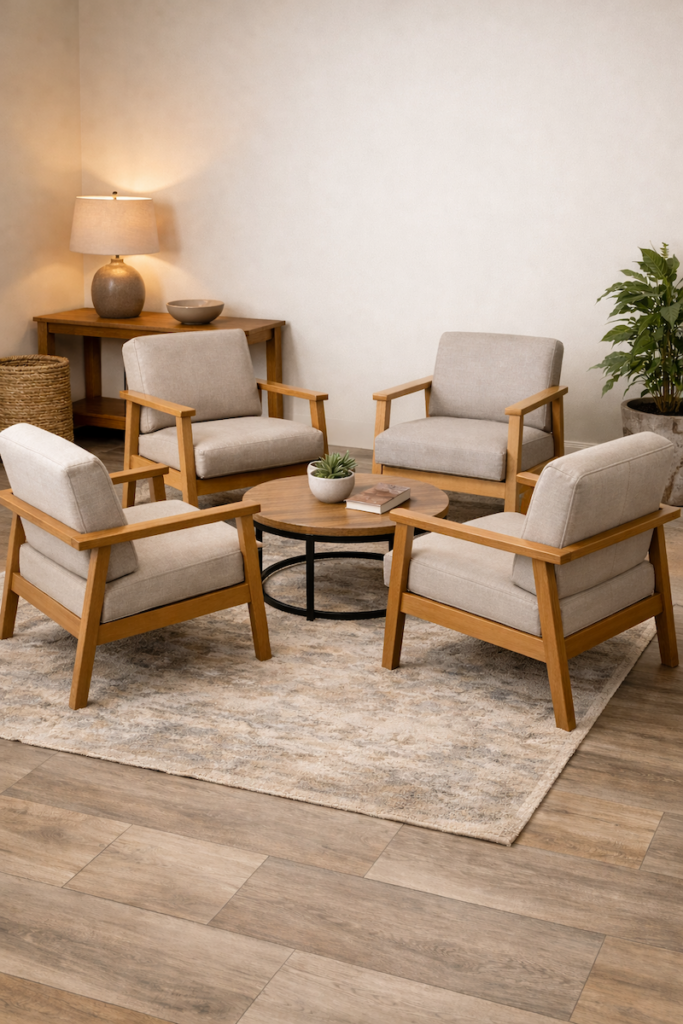 Durable accent chairs arranged in a short-term rental living space for guest comfort