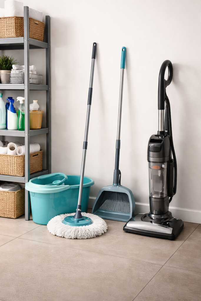 Short-term rental cleaning tools including mop, broom, dustpan, vacuum, and surface cleaners