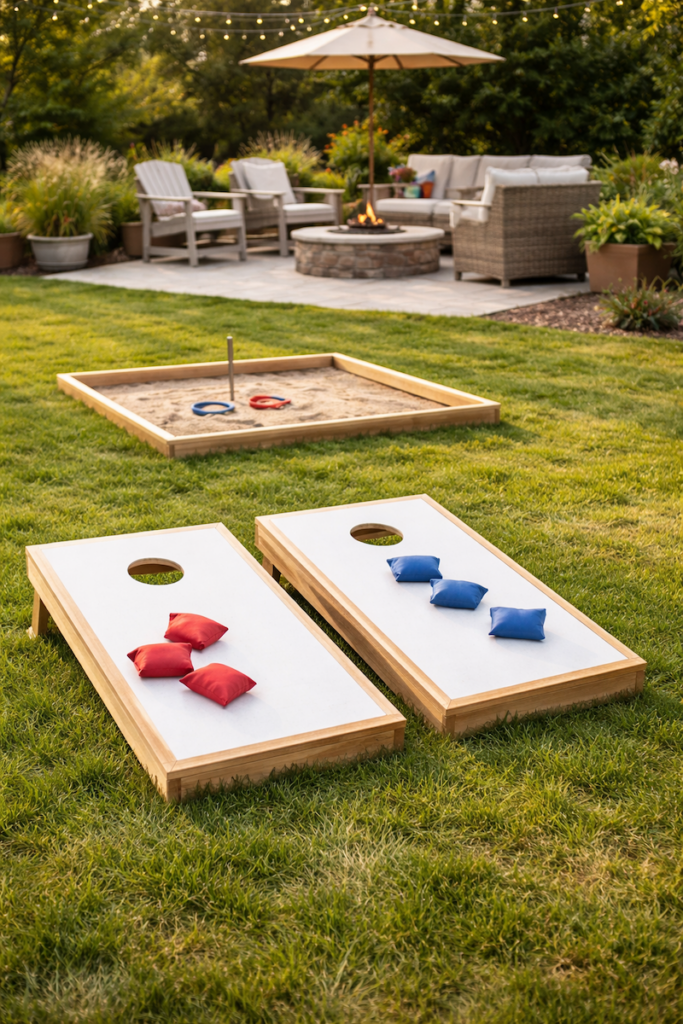 Cornhole game set up in a short-term rental yard for guests to use