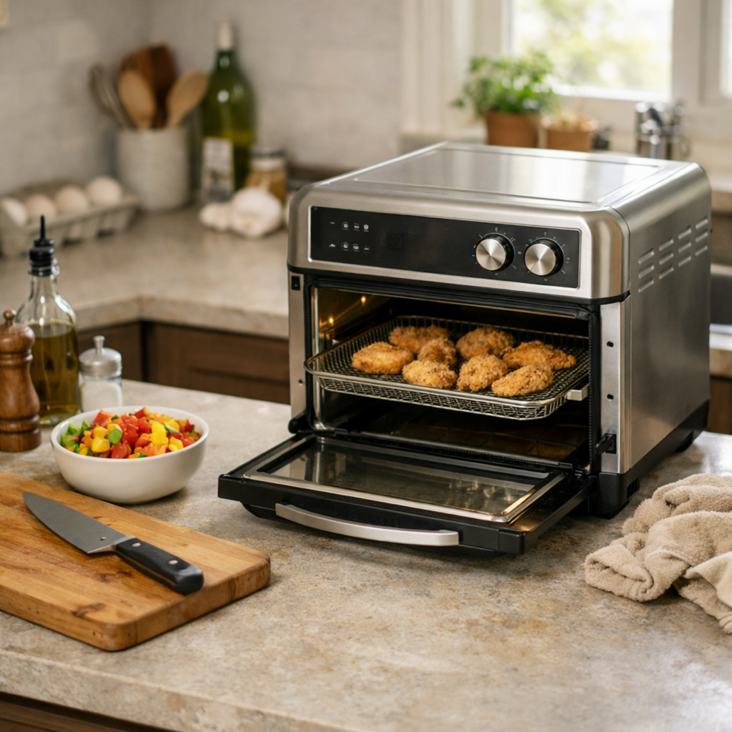 Air fryer oven and simple meal prep in progress on a kitchen counter