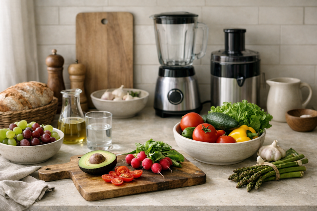 Calm kitchen counter with fresh produce and simple kitchen appliances