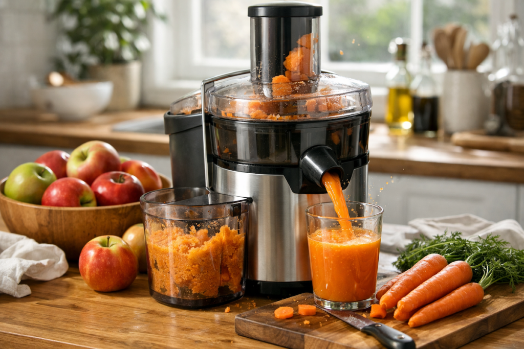 Centrifugal juicer on a kitchen counter with apples and carrots used for fast juicing