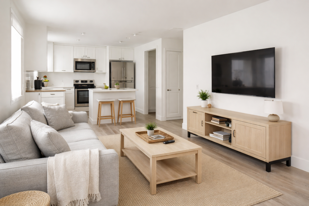 Checklist-ready short-term rental living space with practical furniture and organized layout