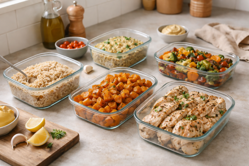 Meal prep components including cooked grains, roasted vegetables, and protein stored separately