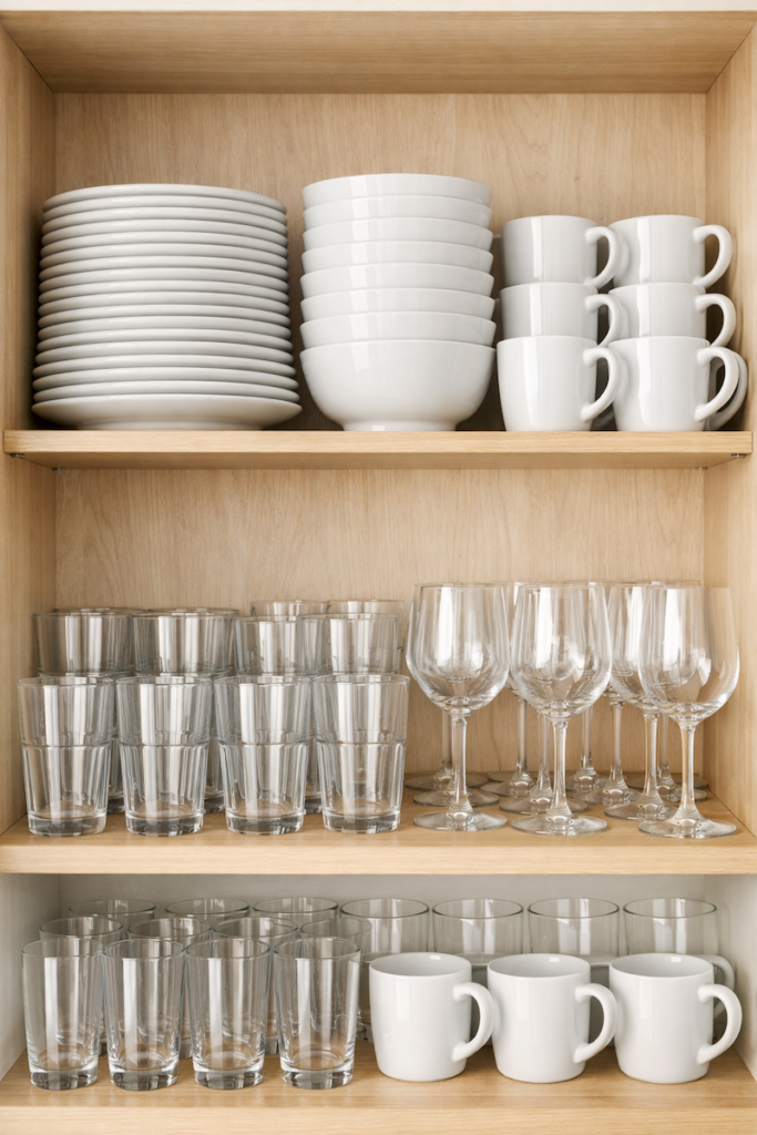 Organized dishware and glassware in a short-term rental kitchen stocked for multiple guests