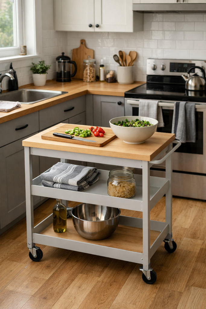 Rolling cart used to add counter space in a small kitchen