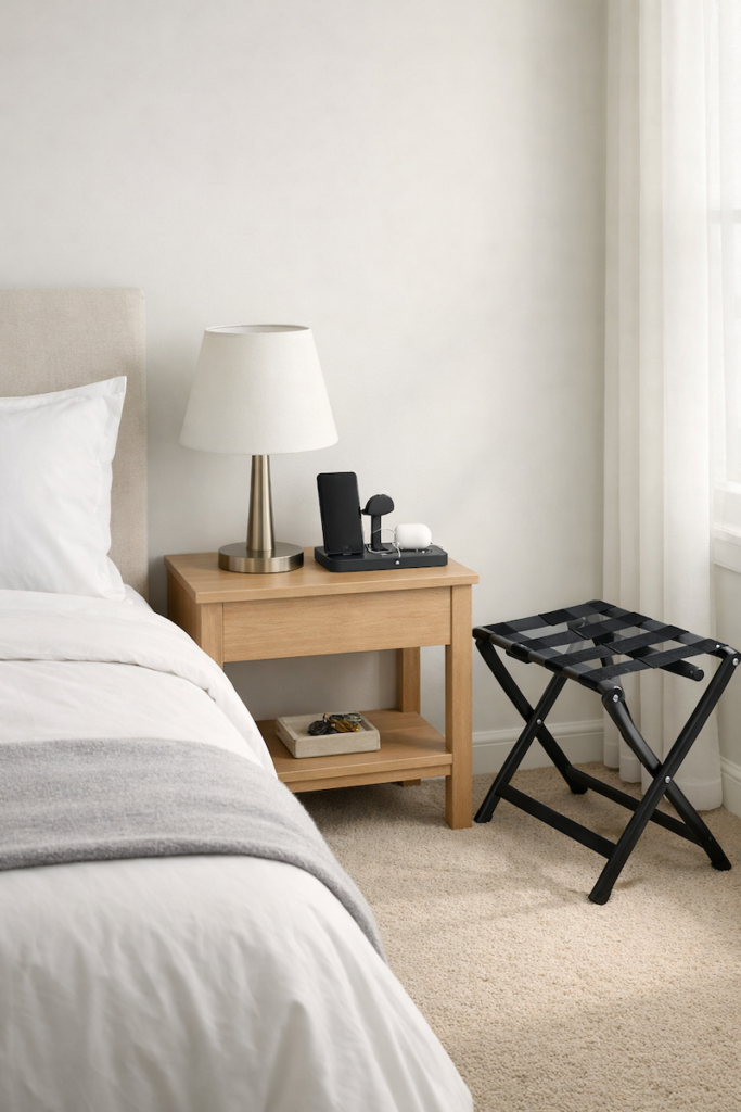 Short-term rental bedroom with nightstand, lamp, charging station, and luggage rack