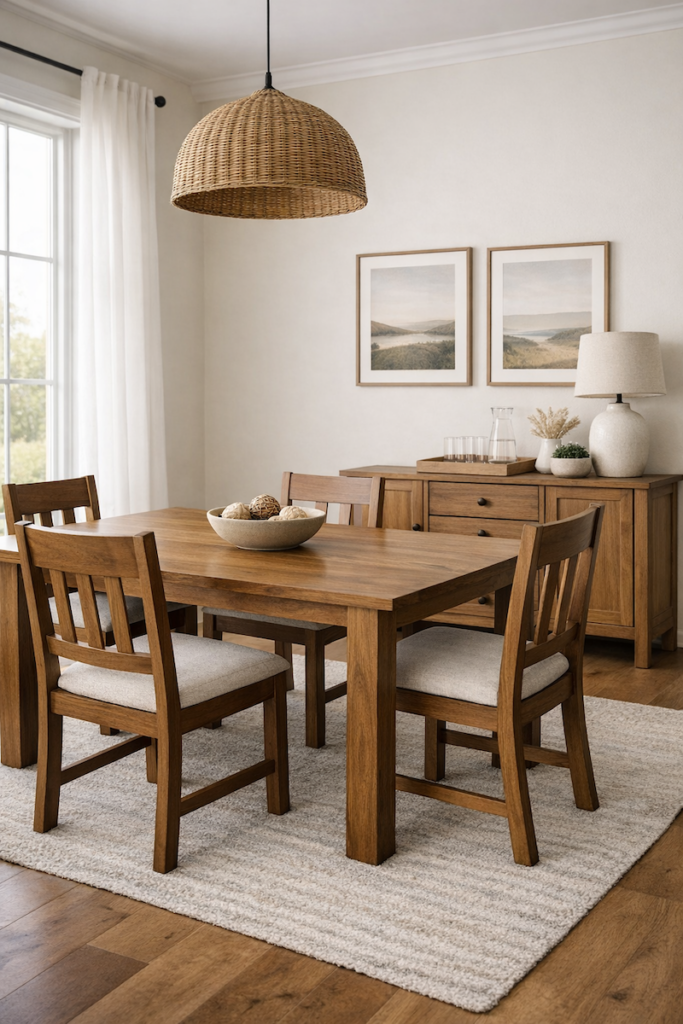 Short-term rental dining area with solid dining table, chairs, and storage sideboard