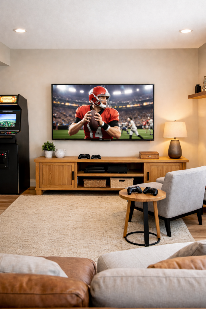 Short-term rental game room with large TV and simple seating for watching sports or relaxing