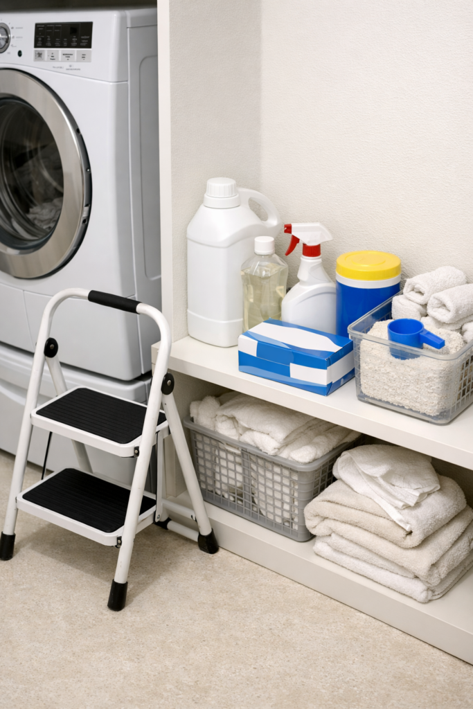 Laundry and utility supplies in a short-term rental including detergent, stain remover, dryer sheets, and step stool