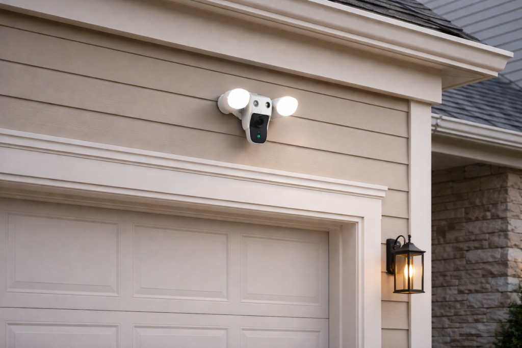 Exterior floodlight security camera mounted above a driveway on a short-term rental property
