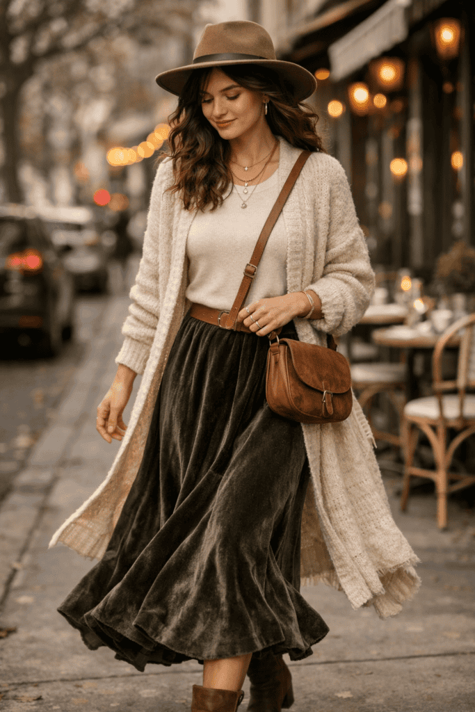 Winter boho outfit with a midi skirt, knit top, long cardigan, hat, and crossbody bag
