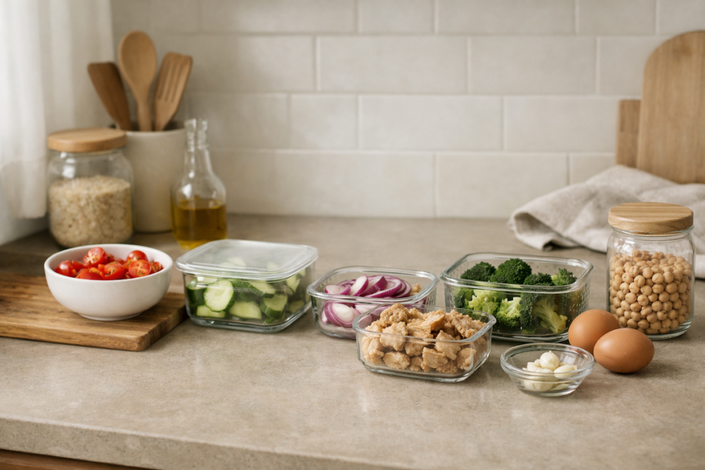 Calm kitchen counter with prepped ingredients in containers ready for the week