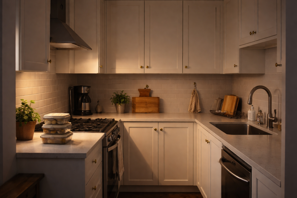 Calm kitchen counter with food storage containers and prep tools at the end of the day