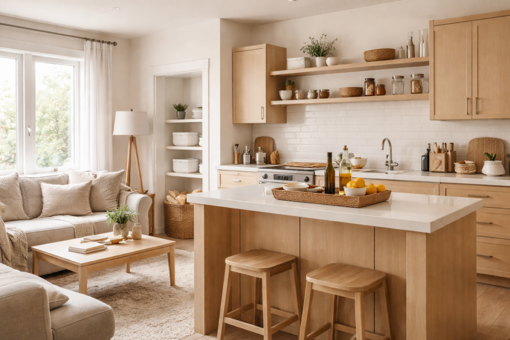 Fully equipped short-term rental interior showing stocked kitchen and organized living space