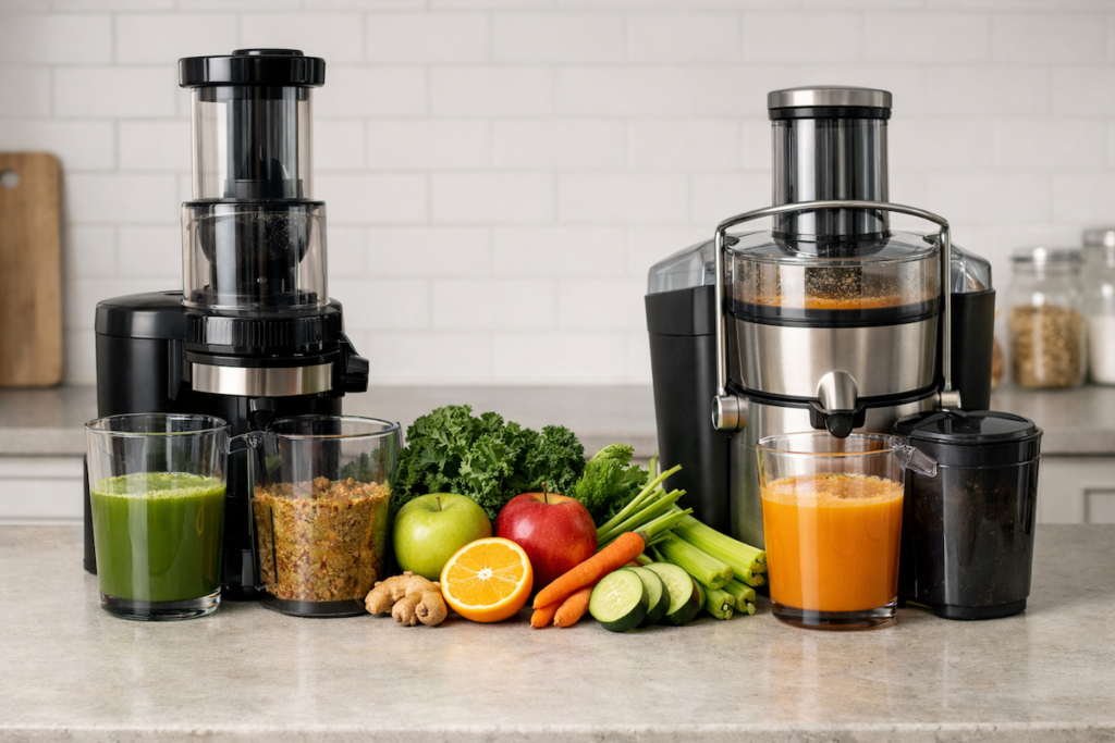 Glass of green juice made from leafy greens on a kitchen counter during home juicing