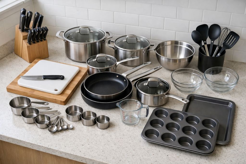 Cookware and prep tools laid out in a short-term rental kitchen for a complete setup