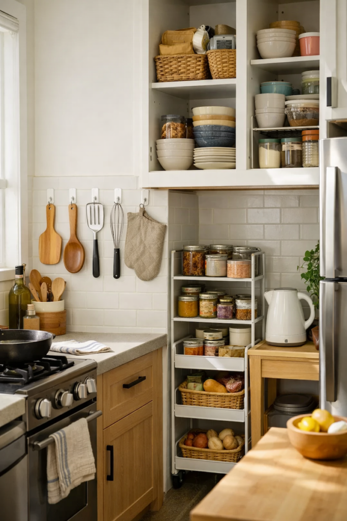 Temporary storage solutions used in a small kitchen for better organization