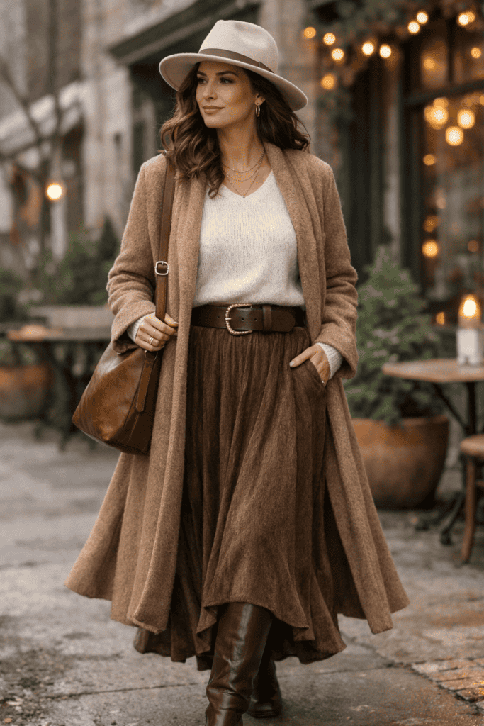 Winter boho outfit with a belted midi skirt, long coat, knit top, and tall boots