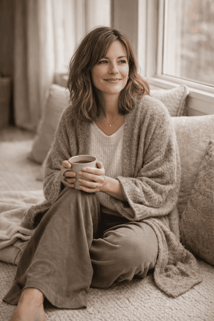 Cozy winter boho style at home with soft layers, neutral tones, and a relaxed knit outfit